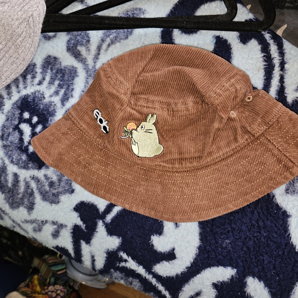 Brown Corduroy Bucket Hat with Totoro Embroidery